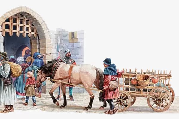 Illustration of peasants arriving at a medieval castle to buy and sell in the courtyard market
