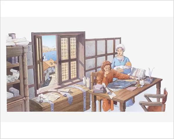 Illustration of Columbus at home with his wife and baby boy, studying maps of the Atlantic