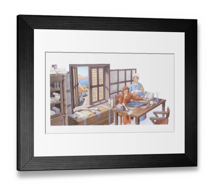 Framed Print : Illustration of Columbus at home with his wife and baby boy, studying maps of the Atlantic Framed Print : Illustration of Columbus at home with his wife and baby boy, studying maps of the Atlantic