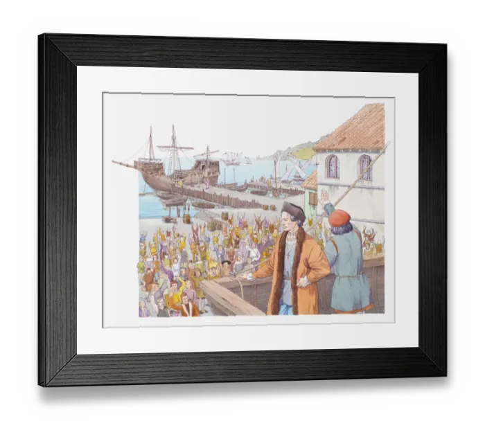 Framed Print : Illustration of Columbus returning to Spain in 1493, greeted by cheering crowds Framed Print : Illustration of Columbus returning to Spain in 1493, greeted by cheering crowds