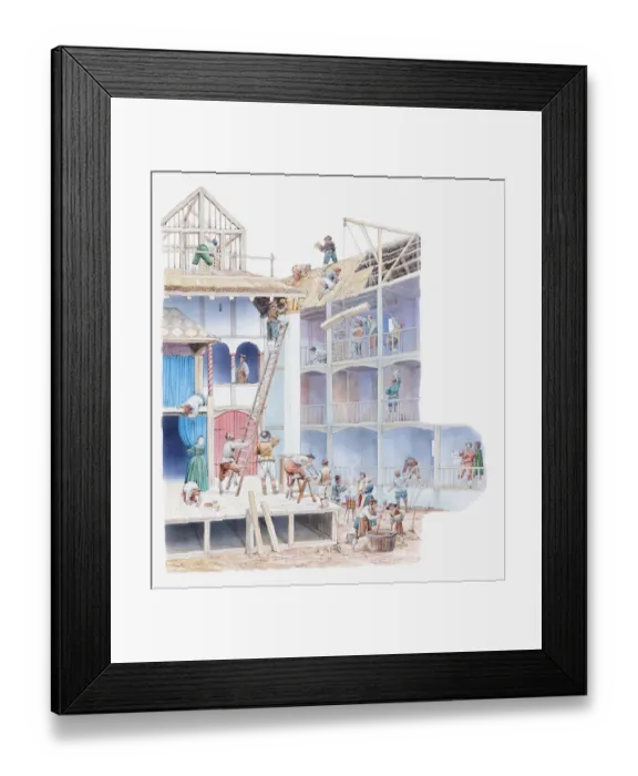 Framed Print : Illustration of Globe Theatre being built in Elizabethan times Framed Print : Illustration of Globe Theatre being built in Elizabethan times