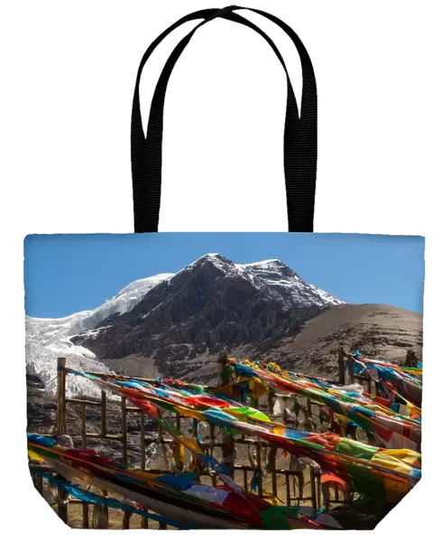 Tibetan Prayer Flag and big snowy mountain in background