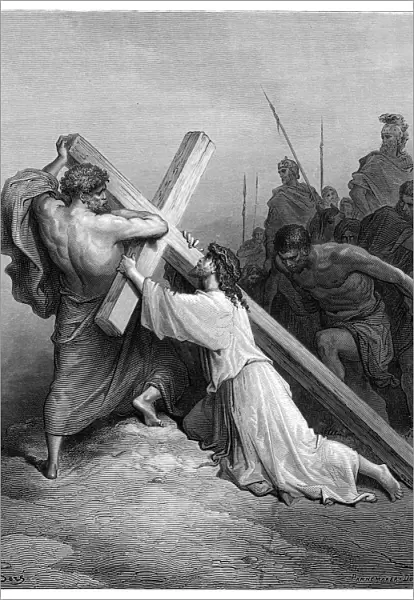 Jesus falling beneath the cross engraving 1870