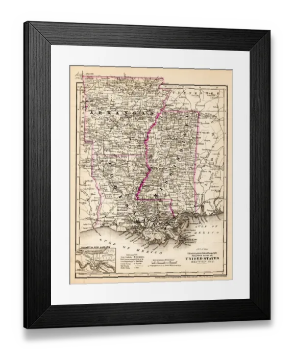 Framed Print : Arkansas Louisiana Pississippi map 1881 Framed Print : Arkansas Louisiana Pississippi map 1881