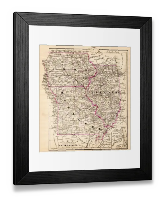 Framed Print : Iowa Missouri Illinois map 1881 Framed Print : Iowa Missouri Illinois map 1881