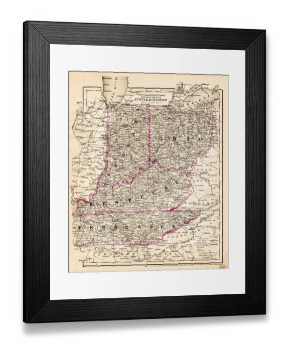 Framed Print : indiana Ohio Kentucky map 1881