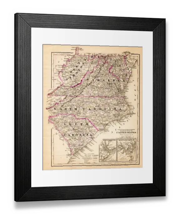 Framed Print : Virginia North Carolina map 1881 Framed Print : Virginia North Carolina map 1881