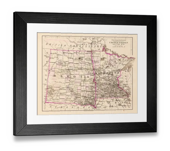 Framed Print : North Dakota and MInnesota map 1881 Framed Print : North Dakota and MInnesota map 1881