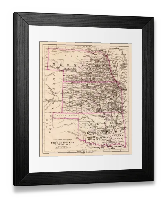Framed Print : Kansas and Nebraska map 1881