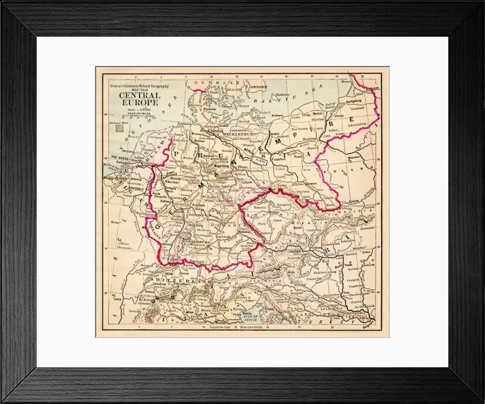 Framed Print : Central Europe map 1881 Framed Print : Central Europe map 1881