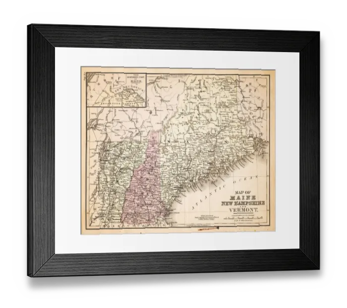 Framed Print : Map of New Hampshire USA 1883 Framed Print : Map of New Hampshire USA 1883