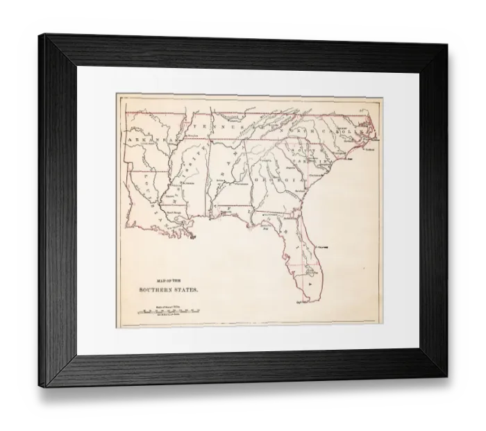 Framed Print : Drawing Map of Southern states USA 1883