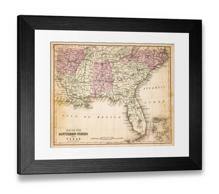 Framed Print : Map of Southern states USA 1883 Framed Print : Map of Southern states USA 1883