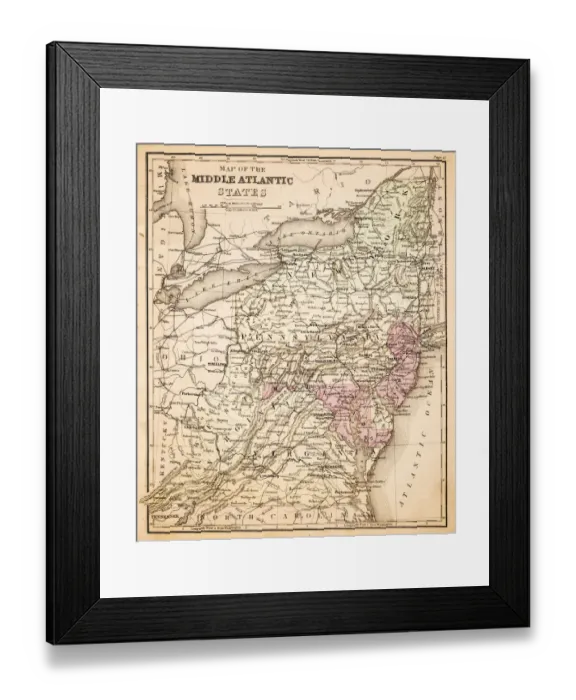 Framed Print : Map of Middle states USA 1883 Framed Print : Map of Middle states USA 1883