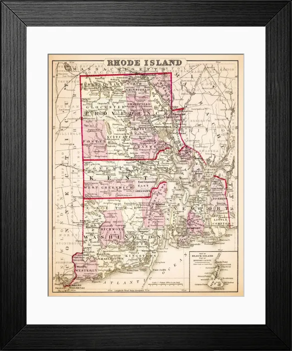Framed Print : Map of Rhode Island USA 1883 Framed Print : Map of Rhode Island USA 1883
