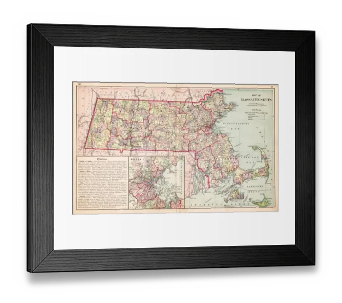 Framed Print : Map of Massachusetts USA 1883 Framed Print : Map of Massachusetts USA 1883