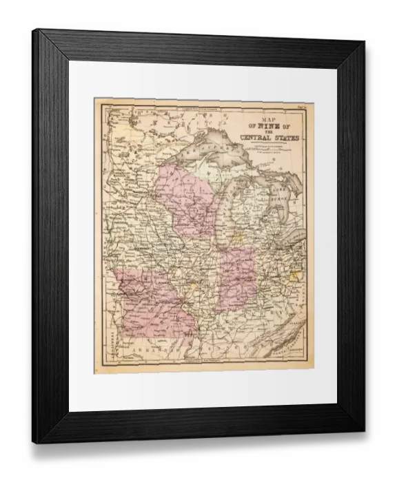 Framed Print : Map of Central States USA 1883 Framed Print : Map of Central States USA 1883
