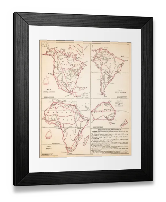 Framed Print : Map drawing Africa North America Australia hemispheres 1881 Framed Print : Map drawing Africa North America Australia hemispheres 1881