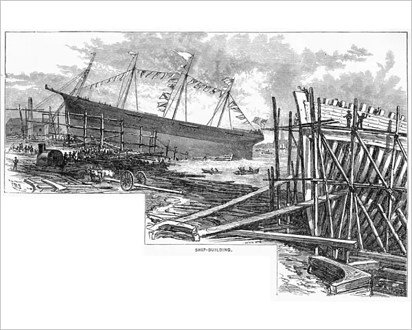 Ship building in Maine USA engraving 1883