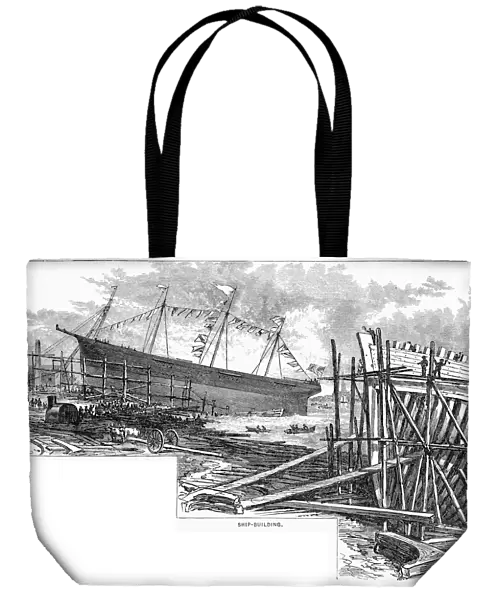 Ship building in Maine USA engraving 1883