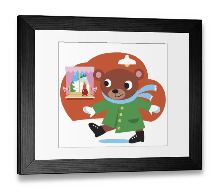 Framed Print : Smiling teddy bear in green coat, blue scarf and black shoes, walking through room, window looking out on snowy landscape