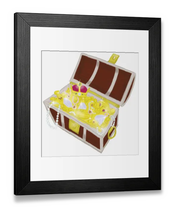 Framed Print : Treasure chest containing gold coins, pearl necklaces, diamonds, drinking vessel and crown Framed Print : Treasure chest containing gold coins, pearl necklaces, diamonds, drinking vessel and crown