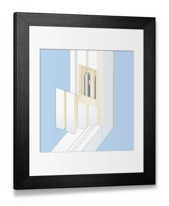 Framed Print : Digital illustration of pocket cover and weights within box frame of sash window Framed Print : Digital illustration of pocket cover and weights within box frame of sash window