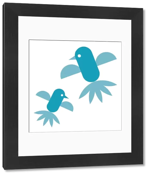 Digital illustration representing adult and young bluebirds flying