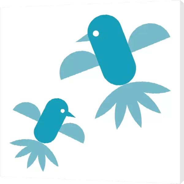 Digital illustration representing adult and young bluebirds flying
