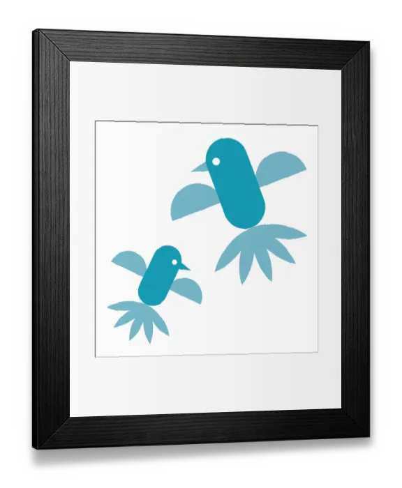Framed Print : Digital illustration representing adult and young bluebirds flying