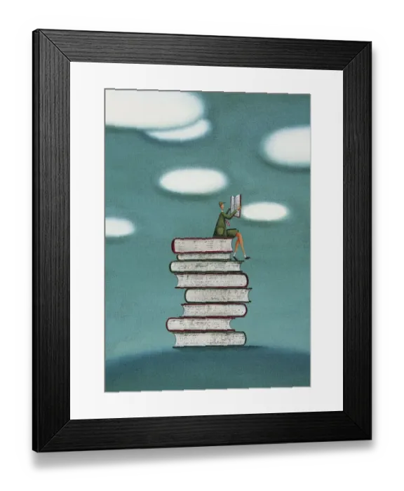 Framed Print : Schoolboy Sitting on a Stack of Books Reading