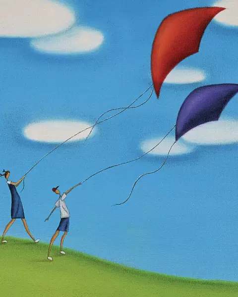 Children Flying a Kite on a Hill