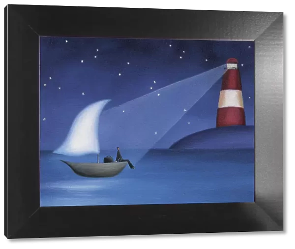 Businessman Sitting on a Boat at Sea Illuminated by a Lighthouse