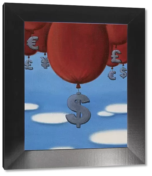 Currency Symbols Attached to Balloons, and a Dollar Symbol Rising