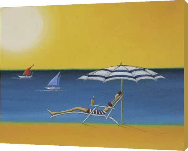 Woman Lying on a Sun Lounger Under a Parasol on a Sunny Beach
