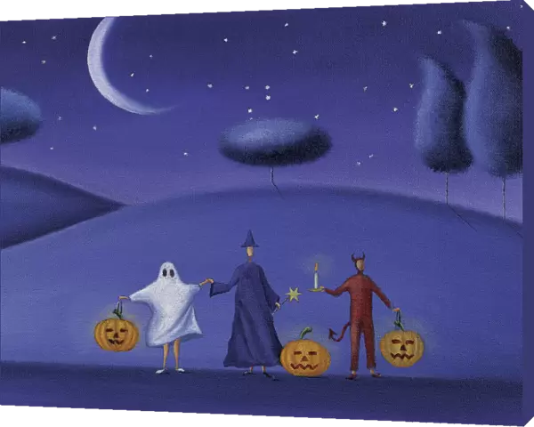 Three People Holding Hands Dresed in Halloween Costumes and Holding Pumpkins