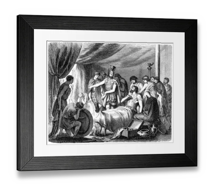 Framed Print : Epaminondas Pulls the Dart from his Breast (antique engraving) Framed Print : Epaminondas Pulls the Dart from his Breast (antique engraving)