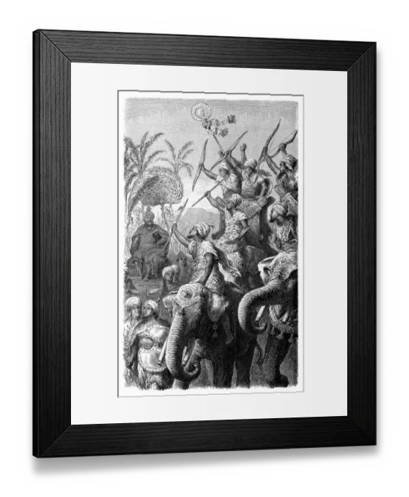 Framed Print : King Porus (?-317 BC) mustering his elephants before the battle Framed Print : King Porus (?-317 BC) mustering his elephants before the battle