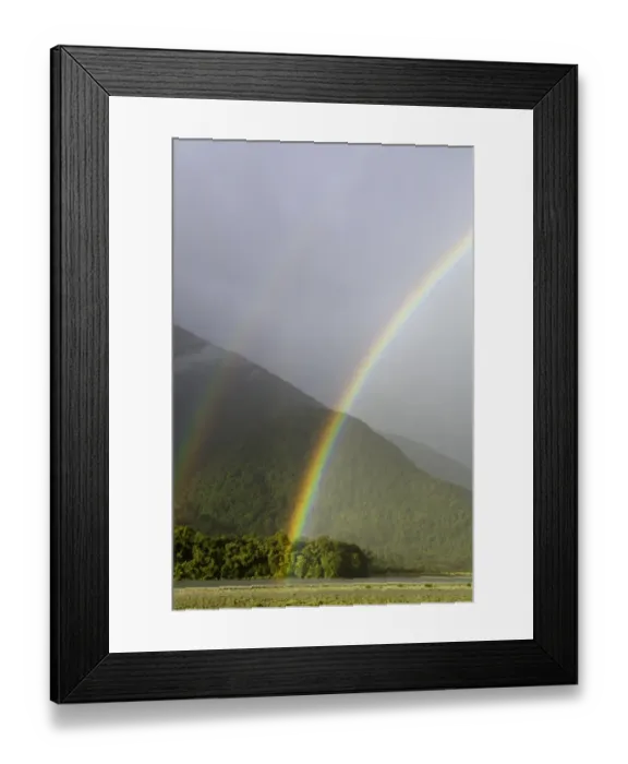 Framed Print : Rainbow over Hst River and native bush, N. Z