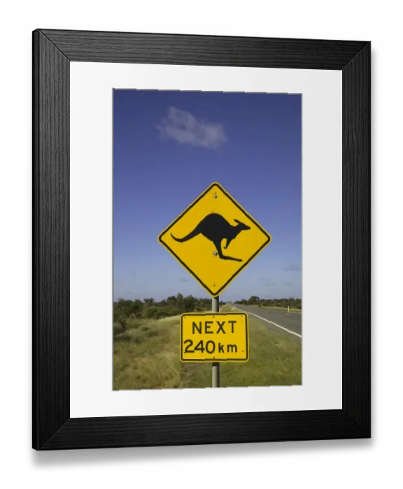 Framed Print : Roadside sign of kangaroos crossing, Australia Framed Print : Roadside sign of kangaroos crossing, Australia