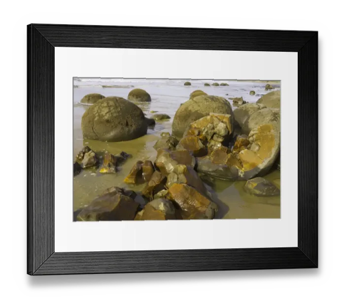 Framed Print : New Zealand, South Island, Otago, Moeraki Boulders on beach