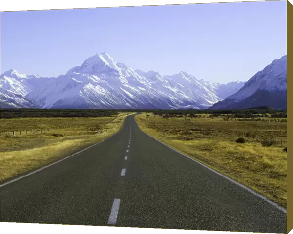 New Zealand, South Island, road with mountains in background, winter