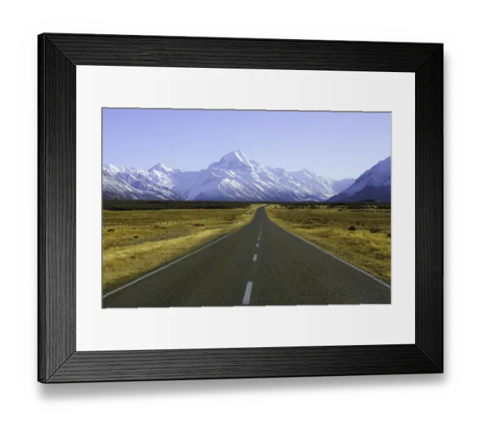 Framed Print : New Zealand, South Island, road with mountains in background, winter Framed Print : New Zealand, South Island, road with mountains in background, winter