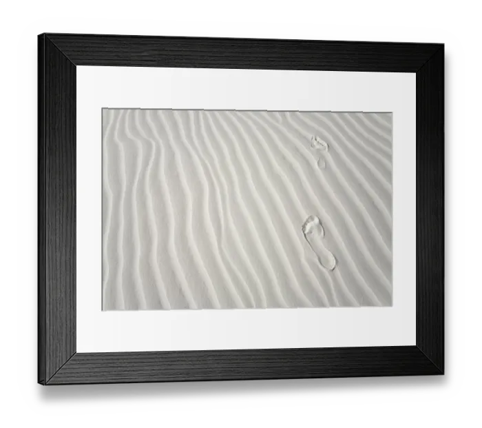 Framed Print : Footprints of barefoot hiker on white gypsum sand dune Framed Print : Footprints of barefoot hiker on white gypsum sand dune
