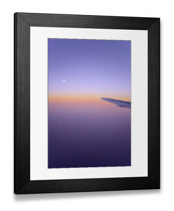 Framed Print : Full moon, plane wing, sunrise Framed Print : Full moon, plane wing, sunrise