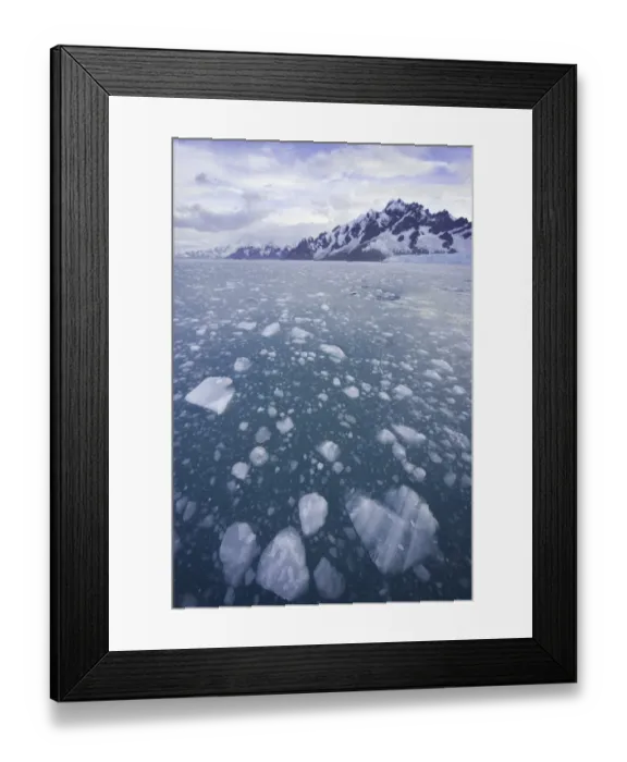 Framed Print : sky, morning, ice, chunks, floe, coastal, mountains, ridge, peaks, rugged, cumulus