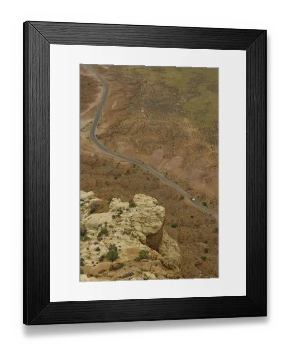 Framed Print : USA, Utah, SUV with trailer on desert highway, elevated view Framed Print : USA, Utah, SUV with trailer on desert highway, elevated view