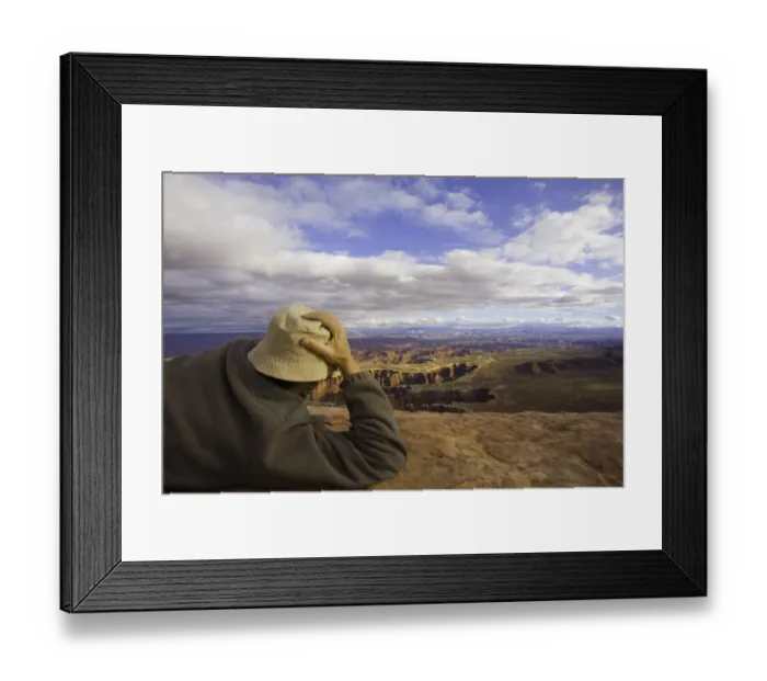 Framed Print : USA, Utah, Canyonlands National Park, man above canyon, rear view Framed Print : USA, Utah, Canyonlands National Park, man above canyon, rear view