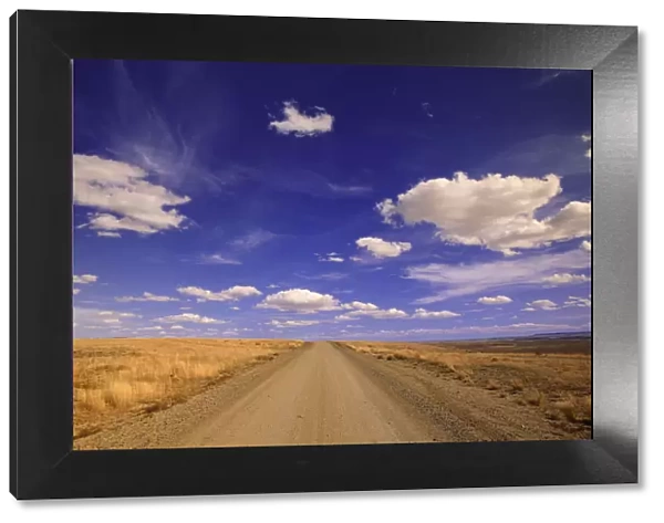 USA, Wyoming, Red Desert, cumulus clouds over gravel range road
