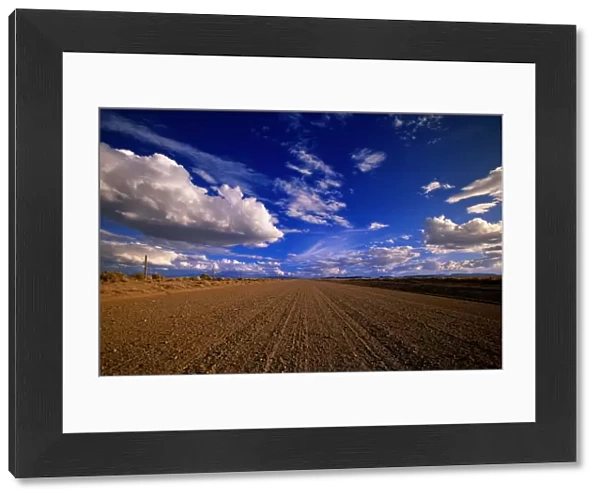 USA, Colorado, cumulus clouds over country gravel road in summer